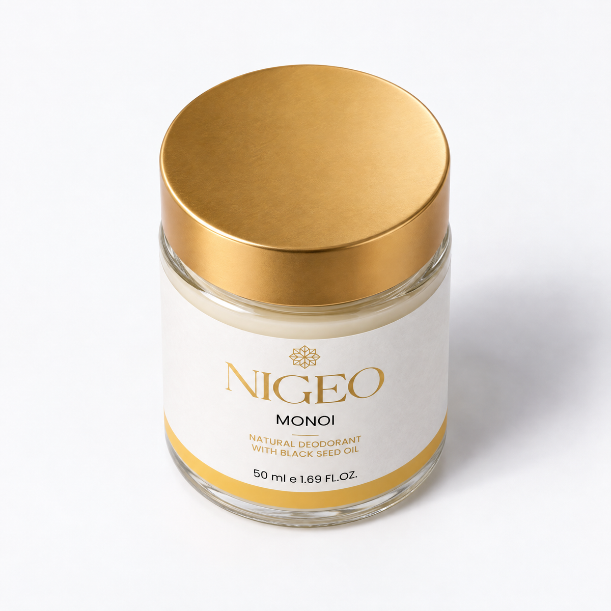 NIGEO Monoï jar, high-angle view of gold lid