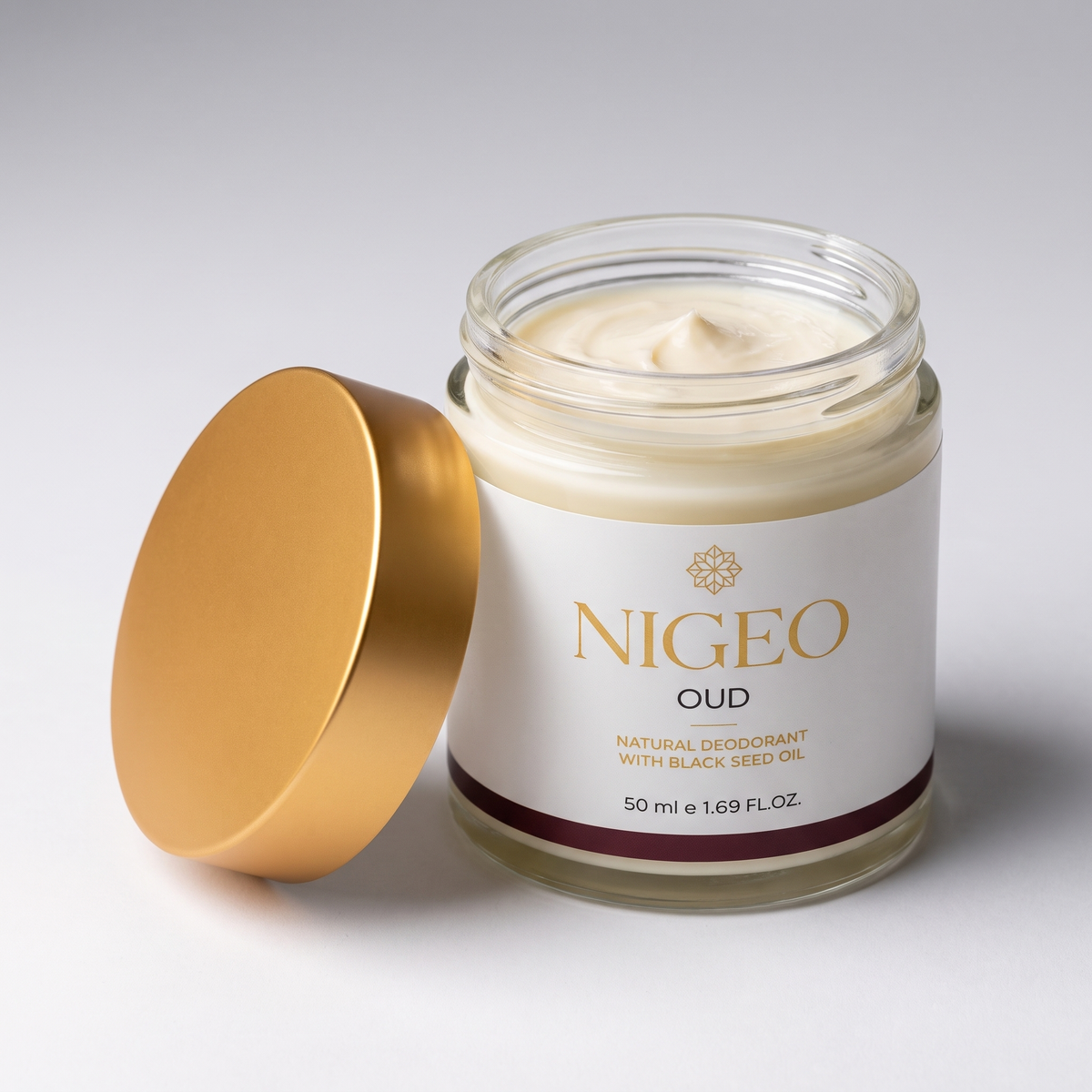 NIGEO Oud open jar showing cream