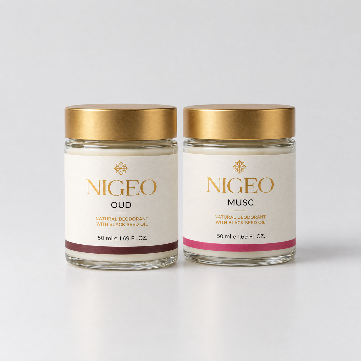 Two NIGEO cream deodorant jars side by side, Oud and Musc