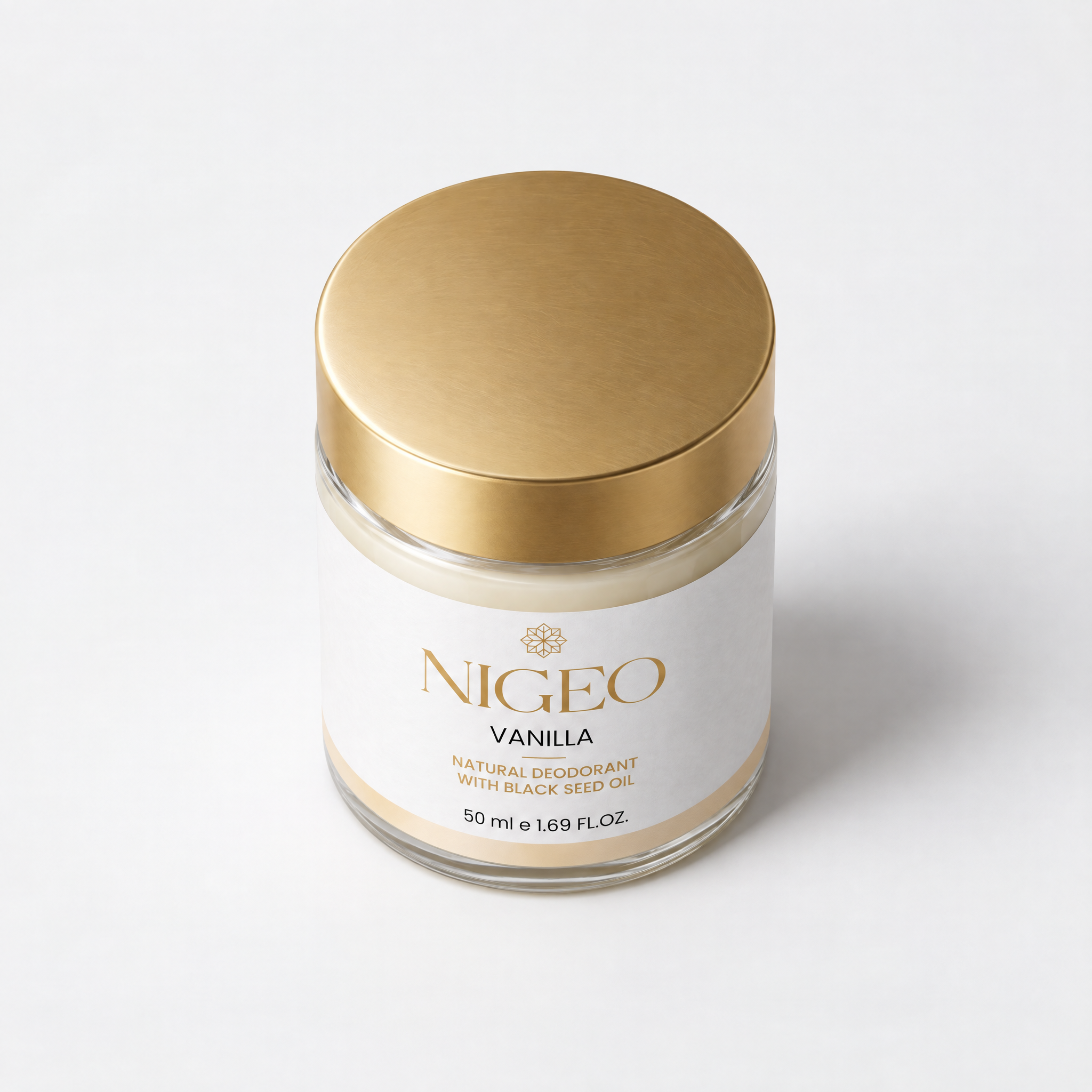 NIGEO Vanilla Bloom jar, high-angle view of gold lid