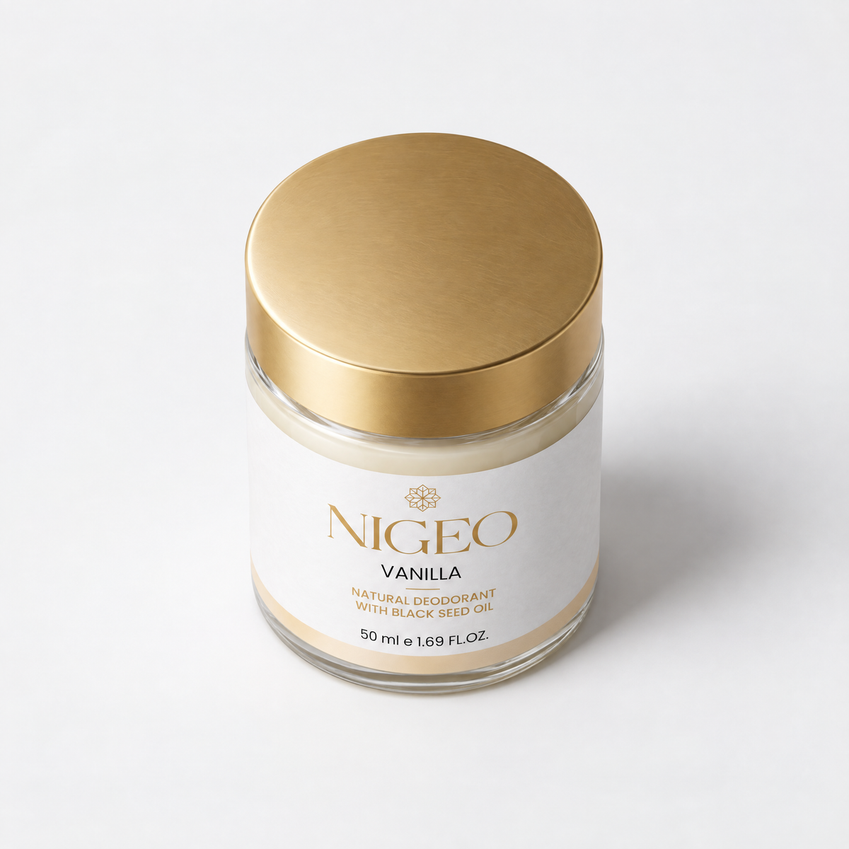 NIGEO Vanilla Bloom jar, high-angle view of gold lid